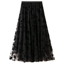 SWSMCLT Women's Maxi Pleated Skirt Soft Floral Elastic Waist Flowy Casual Party Long Tulle Skirt Overlay Mesh Swing Black Small-X-Large
