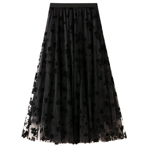 SWSMCLT Women's Maxi Pleated Skirt Soft Floral Elastic Waist Flowy Casual Party Long Tulle Skirt Overlay Mesh Swing Black Small-X-Large