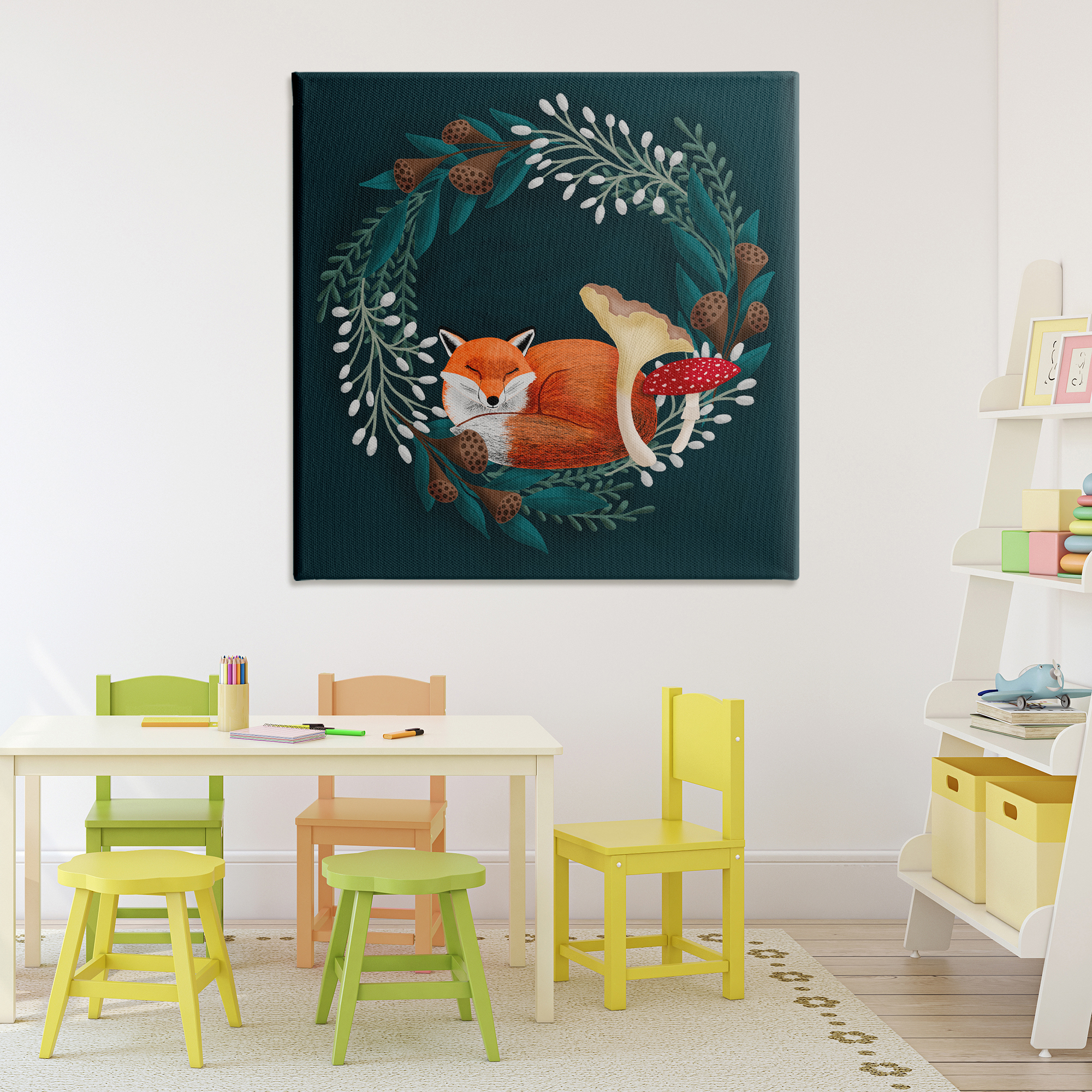 Sleepy Fox in Botanical Wreath Canvas Wall Art, design by Metka Hiti