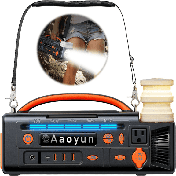 HEEYCEM Portable Power Station 300W, 296Wh Solar Generator with 100W USB-C In/Output, Night Light & LED Flashlight, Compact Camping Battery with Strap for Outdoor CPAP Home Backup Emergency