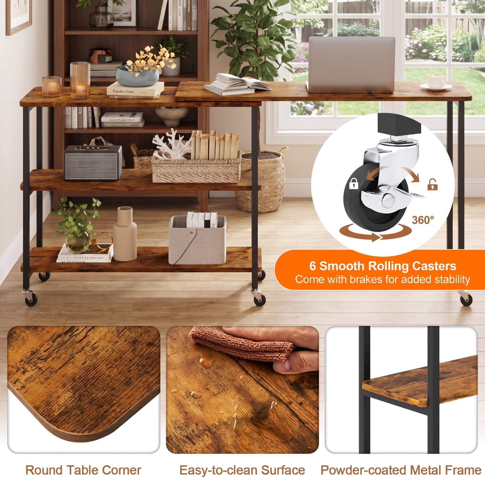 Furnibear Large 360 Degree Rotating Sofa Side Table with Lockable Wheels and Two Tier Storage Shelf for Living Room Office and Entryway, Brown