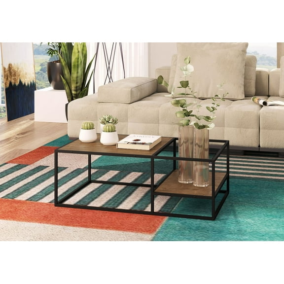 Industrial-Style Coffee Table with Black Steel Frame and Walnut Finish, 39.5" Rectangular