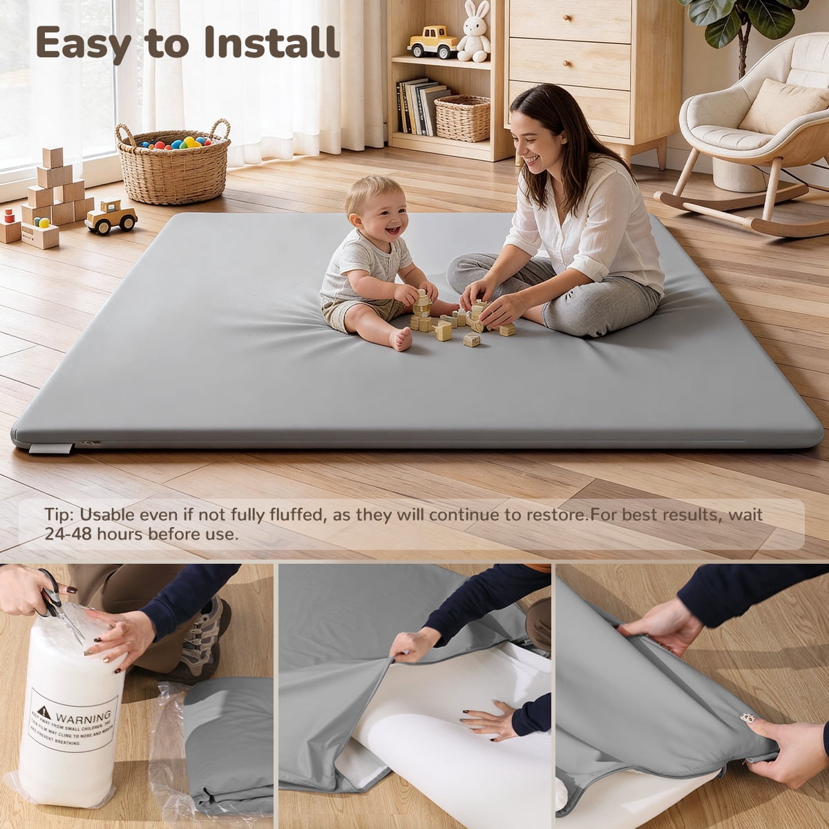 Baby Play Mat, Caveen Vegan Leather Baby Floor Mat Playpen Mat, Thicken Soft Crawling Mat for Infant, Wipe-Clean, 50"x 50", Gray