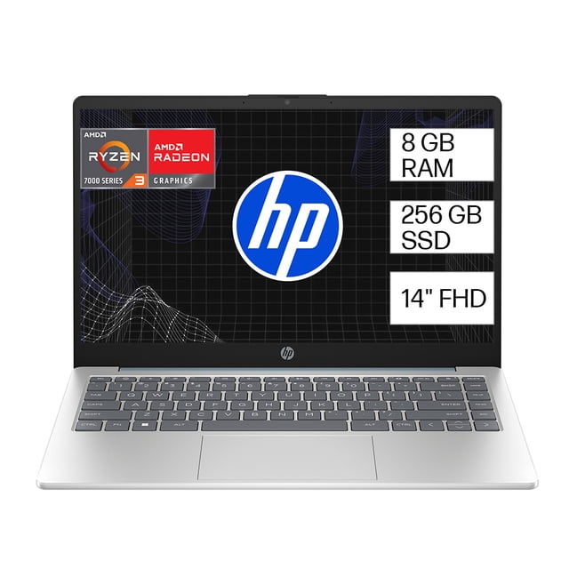 laptop hp 14-em0001la amd ryzen 3 8gb ram 256gb ssd fhd vista frontal centrada de portátil HP azul 14" FHD con logo HP en pantalla y etiquetas de 8 GB RAM y 256 GB SSD; teclado en isla, touchpad amplio y cámara integrada en bisel superior; compatible con WiFi6 y gráficos AMD Radeon; ideal para videollamadas y uso como estación móvil de trabajo.