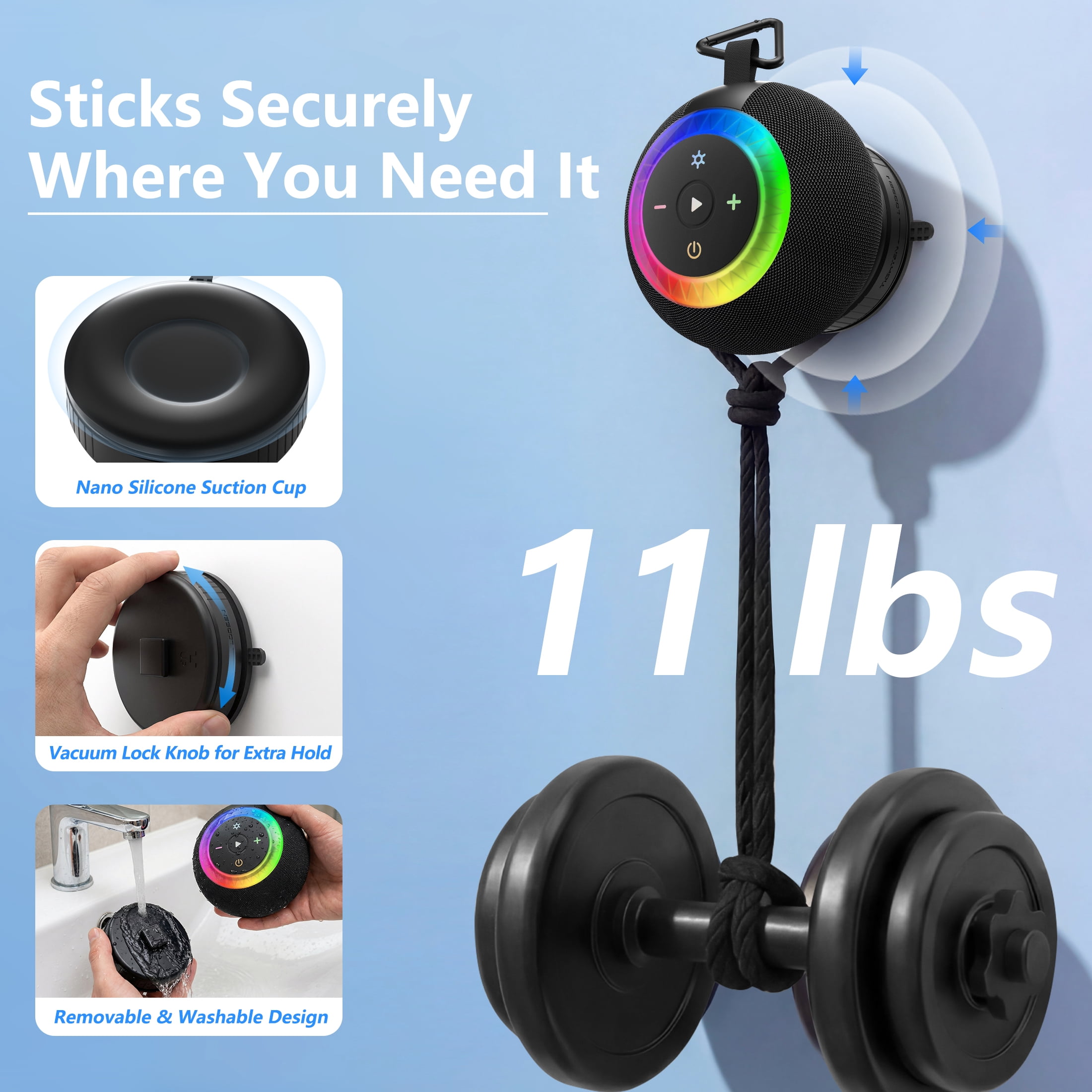 Portable Bluetooth Speaker, Waterproof Shower Speaker, IPX7 Removable Suction Cup with Vacuum Knob, 360° Surround Sound, RGB Lights, Outdoor Speaker Bluetooth for Pool, Beach, Kayak Essentials, Gifts