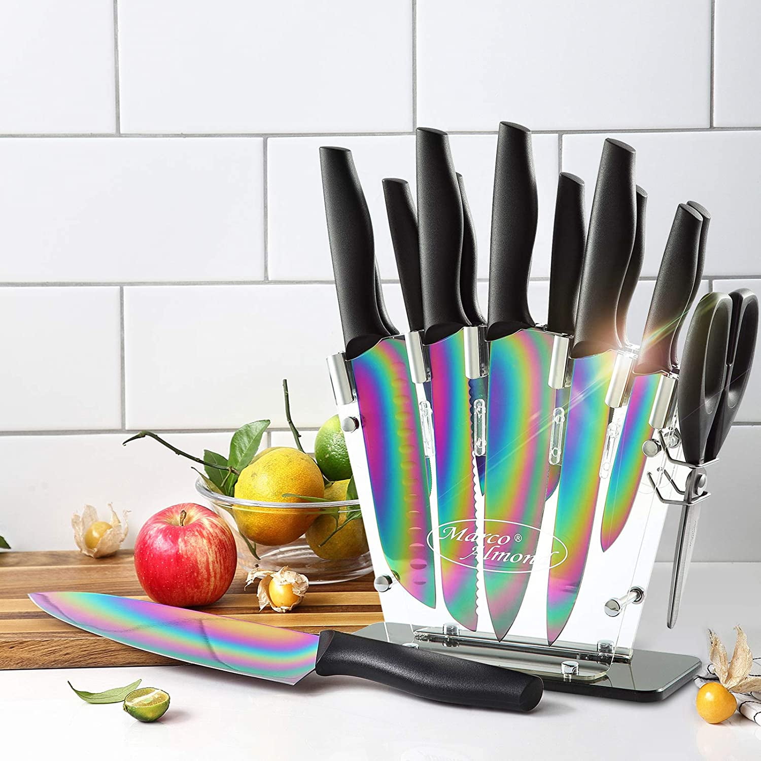 Rainbow Knife Set,Marco Almond KYA35 14 PCS Kitchen Knife Set,Titanium Coating for Anti-rusting, Super Sharp Cutlery Knife Set with Acrylic Stand,Stainless Steel