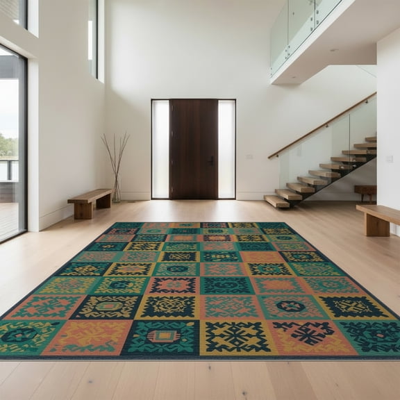 Design&I 8'x10' Washable Area Rug Snag-Free Geometric Multicolor Grid Motif Featuring Contrasting Patterned for Dining Room, Large Office, Lounge