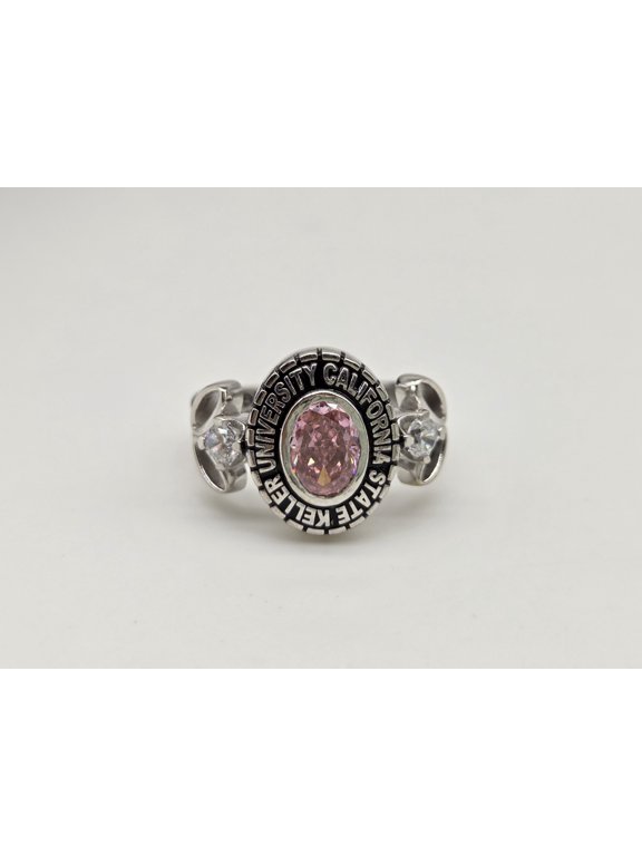 Personalized Pink Oval Class Ring For Women, Customize Birthstone, School Name, Year, Inside Engraving in 925 Sterling Silver