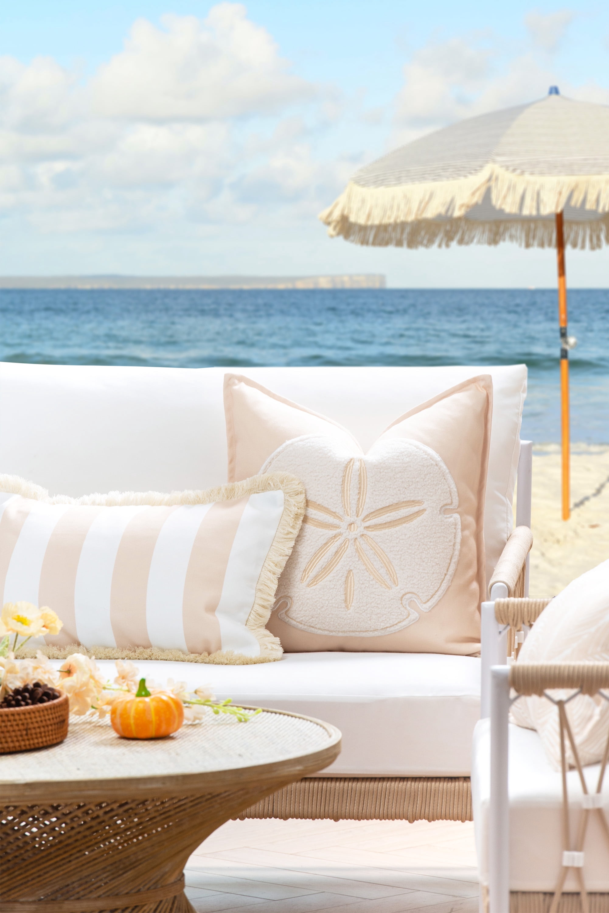 Hofdeco Premium Fall Coastal Patio Indoor Outdoor Lumbar Pillow Cover Only, 12"x20" Water Repellent for Backyard, Couch, Neutral Tan Stripe Fringe