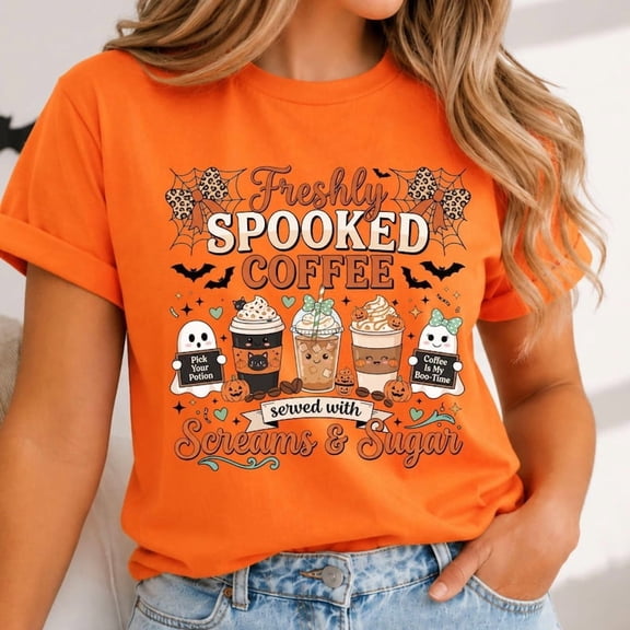 Freshly Spooked Coffee Shirt, Halloween Women T-Shirt, Autumn Tee