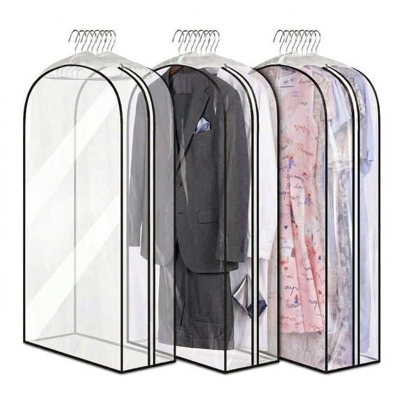 10 Inch Gusseted Clear Garment Bags for Hanging Clothes, 3-Pack, 23.6"x9.8"x43.3" Suit Bags for Closet Storage, Shirts, Coats, Dresses