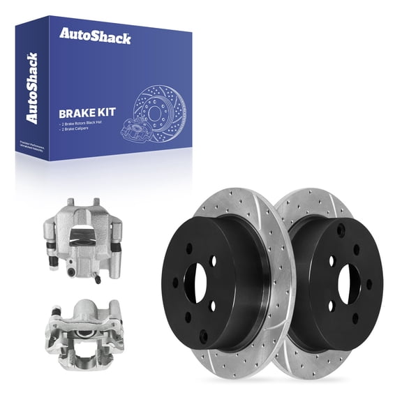 AutoShack Rear Solid Drilled & Slotted E-Coated Brake Rotors   Calipers 4-PC Brake Kit Replacement for 2005-2010 Scion tC ShadowGuard 10.57" (268.6 mm)