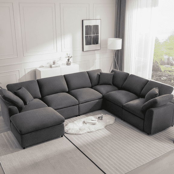 Modern Modular Sectional Sofa with Ottoman - Oversized 7-Seater L-Shaped Cloud Couch for Living Room, Apartment, and Family Lounge, Dark Grey