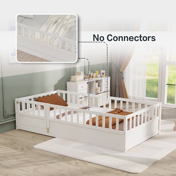 Kumix Twin Floor Bed, Wood Floor Bed with Fence and Door for, Boys/Girls, Floor Bed with Safety Guardrails, Montessori Floor Bed Frame for Bedroom, Easy Assembly, White