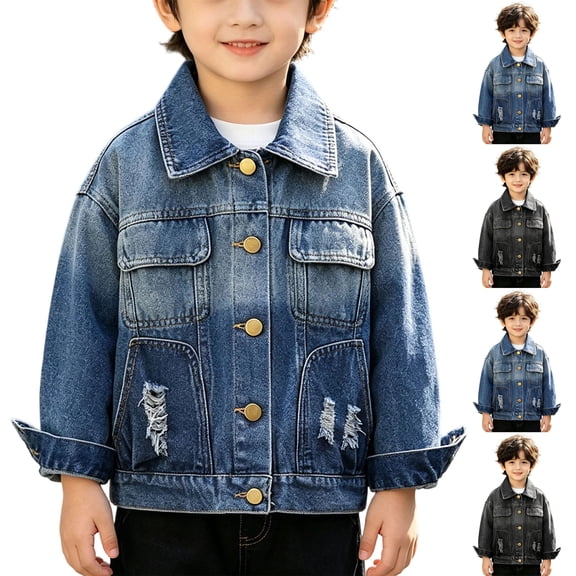 MexChoioe Kids Denim Jacket Distressed Washed Denim Outerwear Button Down Long Sleeve with Multi Pockets Fall Trendy Street School Coat for Boys