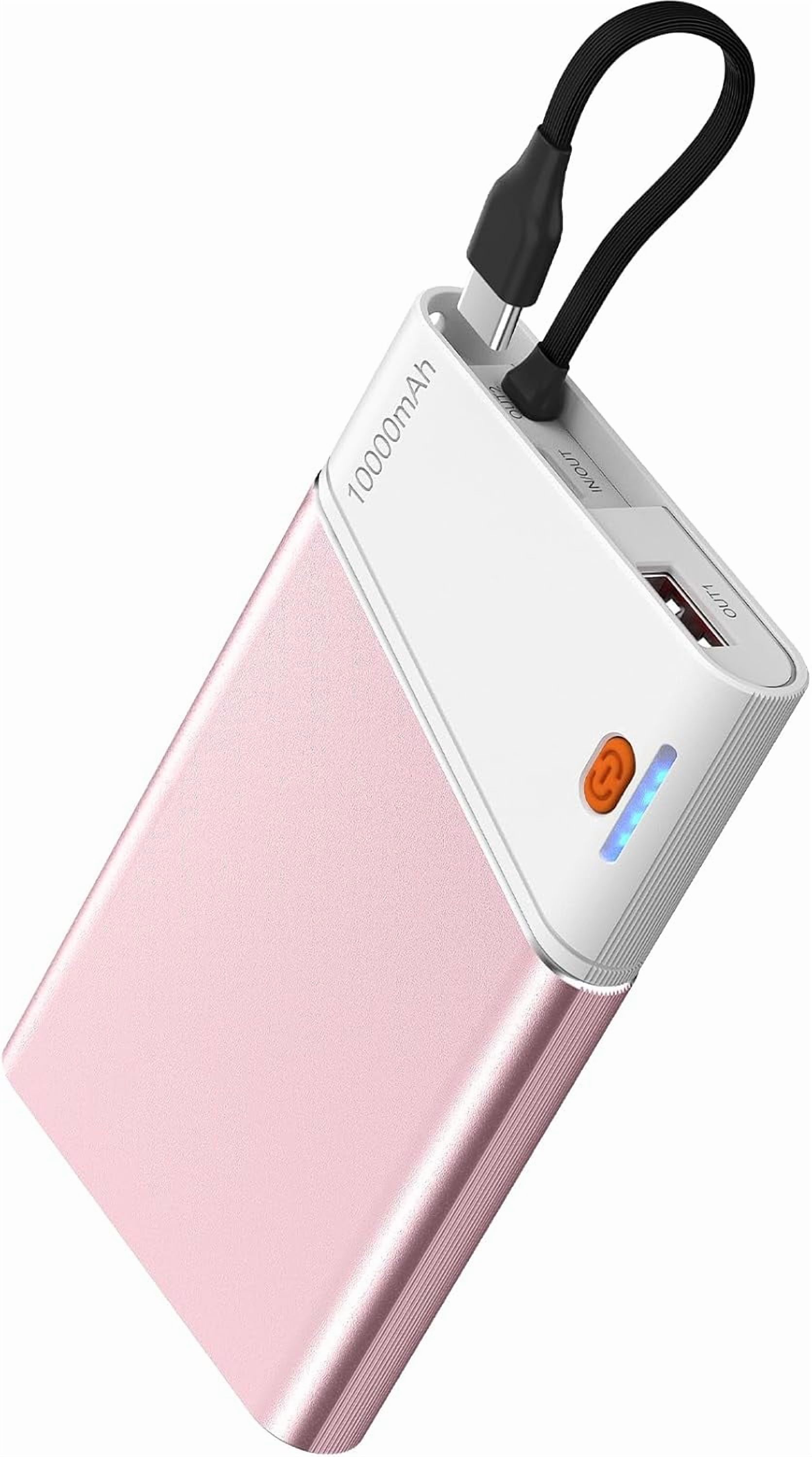 RGHJAR-Portable Charger Power Bank, 10000mAh 22.5W PD Fast Charging Powerbank with Built-in USB C Cable, Slim External Phone Battery Pack for iPhone 17/16/15 Samsung S24 Android etc (Pink)