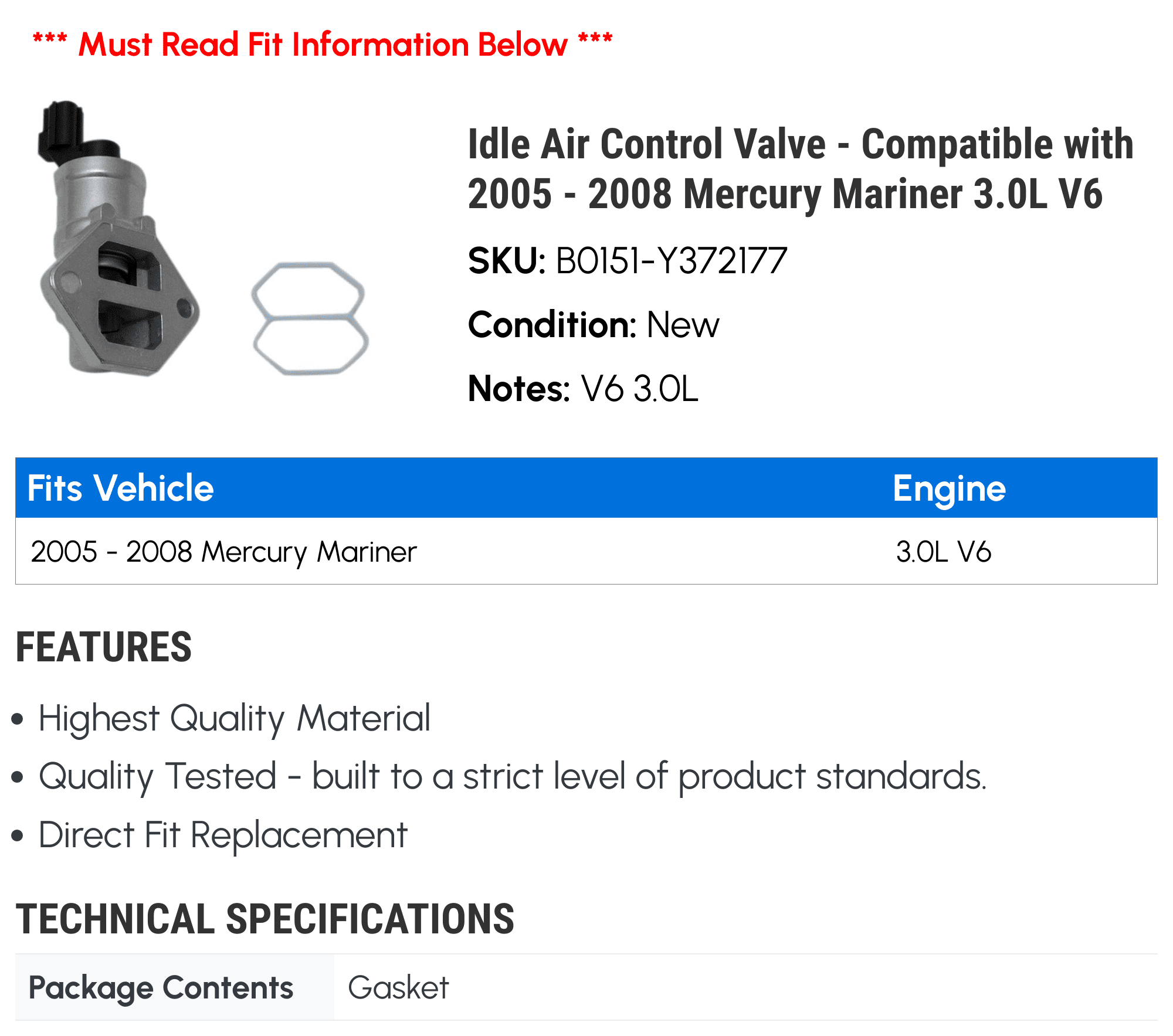 Idle Air Control Valve - Compatible with 2005 - 2008 Mercury Mariner 3.0L V6 2006 2007