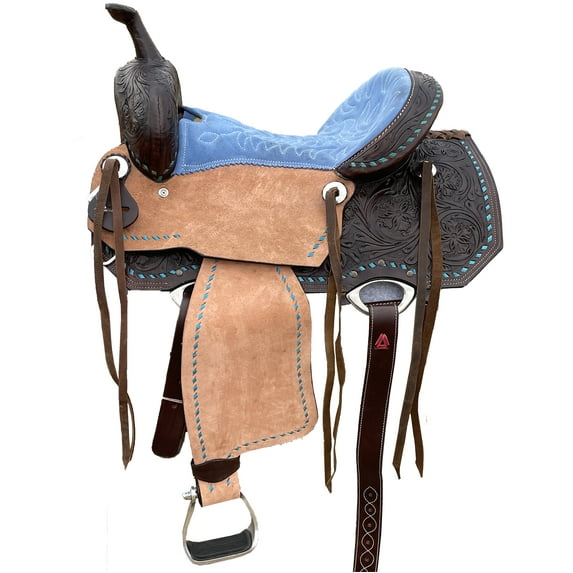 Resistance Western Barrel Racing Suede Seat Saddle with Floral Tooled Leather Skirt and Rough Out Fender -15, 16 Inch