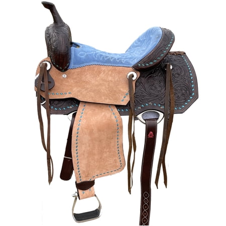 Resistance Western Barrel Racing Suede Seat Saddle with Floral Tooled Leather Skirt and Rough Out Fender -15, 16 Inch