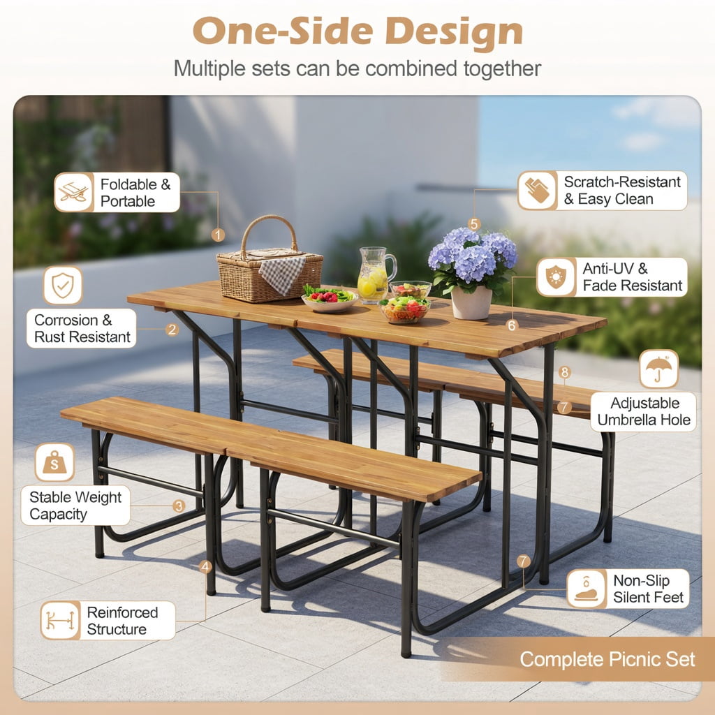 Hommoo Acacia Wood Outdoor Picnic Table and Bench Set, Single-Side Patio Table with Metal Frame, Black & Natural