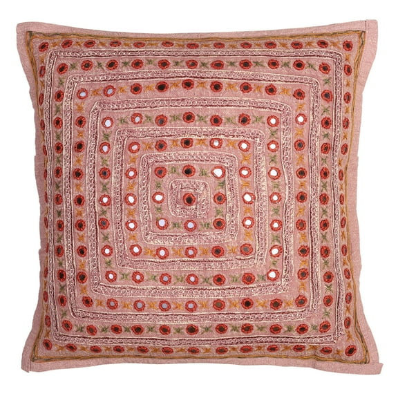 Stylo Culture Ethnic Decorative Throw Pillow Cover 16x16 Embroidered Mirror Lace Peach Bohemian 40cm x 40cm Bedroom Cotton Geometric Square Cushion Cover | 1 Pc