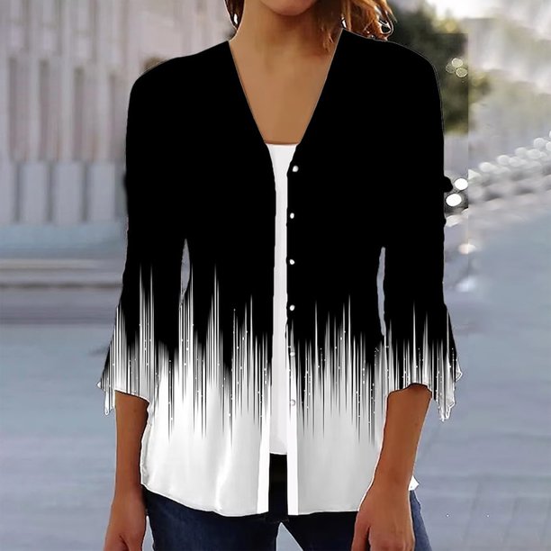 ICHUANYI Clearance Women's V Neck Shirt Graphic Printing Three-Quarter Sleeve Casual Blouse With Button Tops(White, L) ICHUANYI WER2023080910560