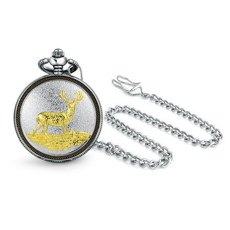 Two Tone Deer Mens Pocket Watch Antiqued Finish Gold Plated