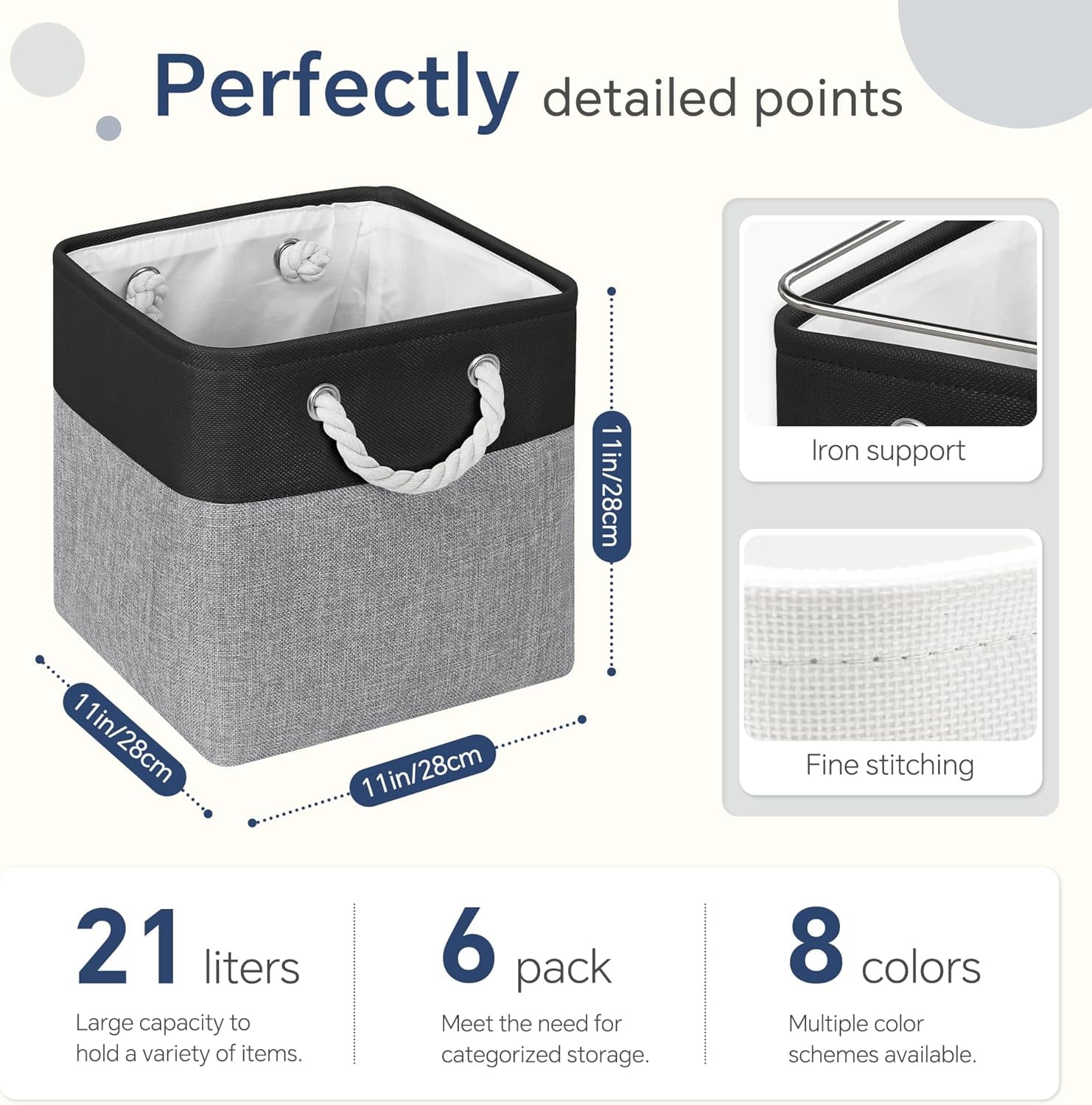 ThrottleT-Fabric Cubes Storage Basket, 6 Pack 11x11 in with Handles Foldable Cube Storage Bins, for Shelves, Home, Office Organizers (Black/ Gray)