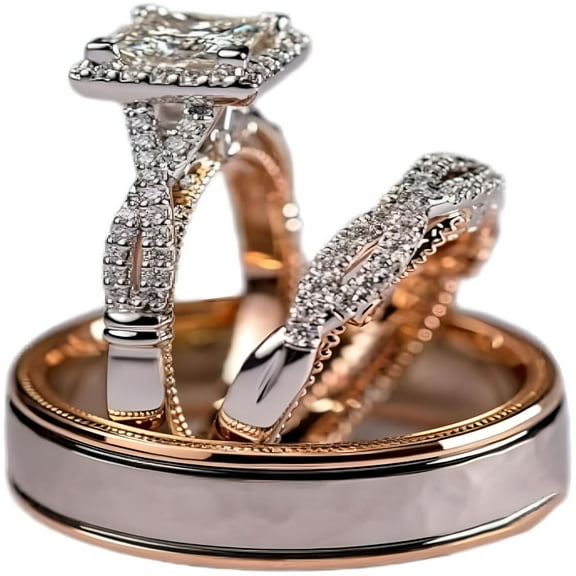 DESIGNICE Engagement Rings for Couples Set, 3 Pc His and Her Wedding Ring Set, Hypoallergenic Rose Gold Ring Set, Cubic Zirconia Bride Promise Rings Set, Size 6-10