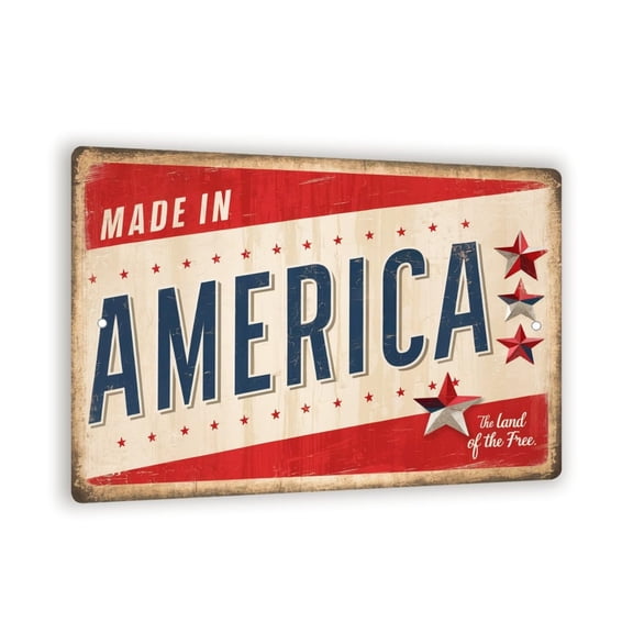 Vintage-Style "Made in America" Sign - Red, White, and Blue Design with Patriotic Star Patterns 8x12