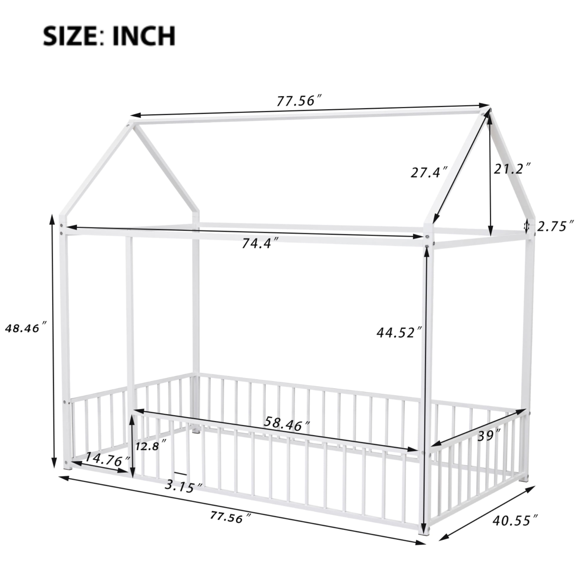 Harper & Bright Designs Metal Twin Size Floor Bed, House Bed Frame Montessori Beds with Fence Rails, Playhouse Beds for Girls Boys, White