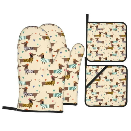 

Oven Mitts and Pot Holders 4 Piece Dachshund Dog Puppy No.1055 High Heat Slip Resistant Oven Mitt and Trivets Set Kitchen Oven Glove Pot Holders for Cooking Baking Grilling