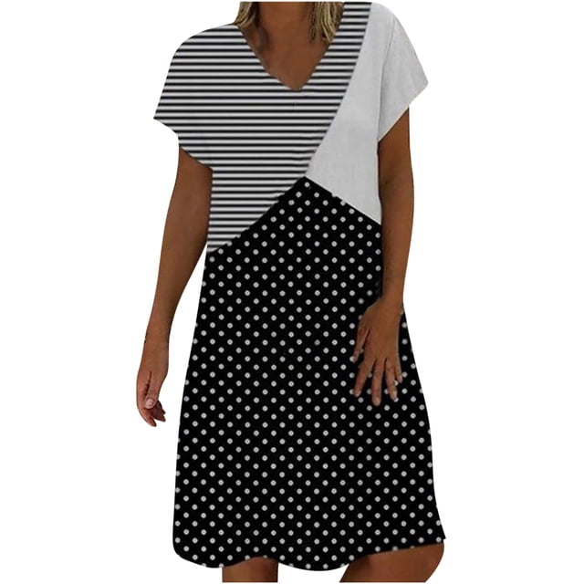 Leutsin Robe d'Été Décontractée pour Femme Grande Taille, Robe Aguichant pour Femmes à Empiècements, Imprimé à Pois, Manches Courtes, Col en V, Robe d'Été