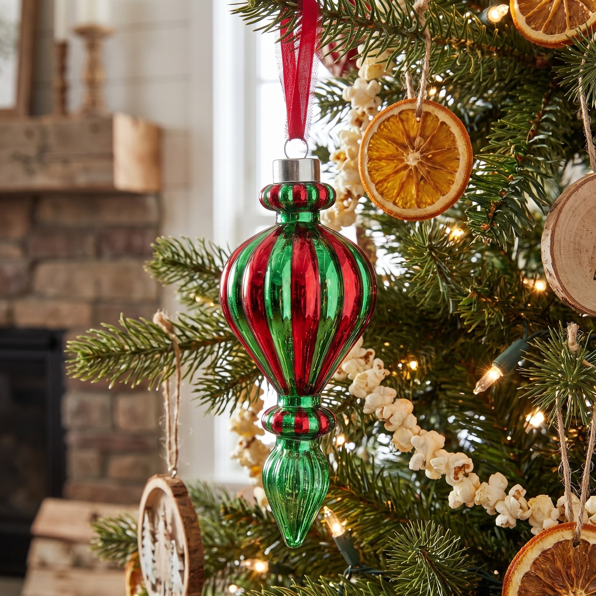 Red and Green Glass Finial Christmas Ornament, 6", by Holiday Time