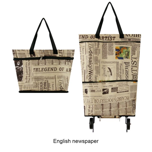 Becaristey Sac de Courses Réutilisable Pliable avec Roues Expérience de Magasinage au Niveau Supérieur Chariot de Courses Pliable Tissu Journal Anglais 1Ensemble