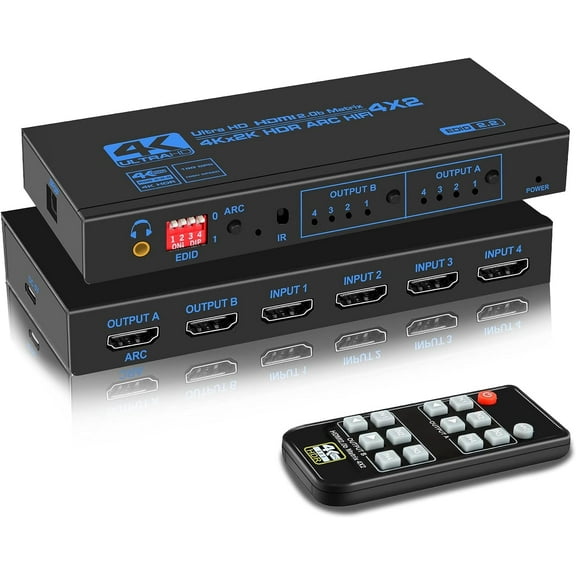 4K@60Hz HDMI Matrix Switch 4X2 with ARC, AUBEAMTO 4 in 2 Out Matrix HDMI Video Switcher Splitter   Optical & 3.5mm Stereo Audio, Scaler 4K 1080P Synch, HDMI Audio Extractor with IR Remote Control