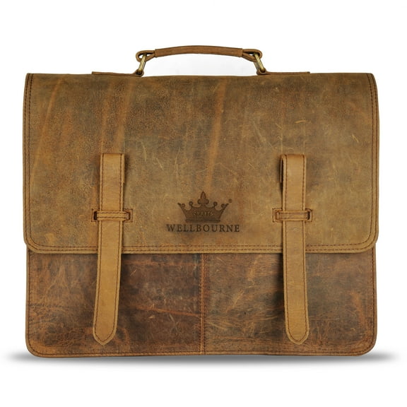 Wellbourne Vintage Handmade Messenger Buff Leather Laptop bag 16 inch Brown Crossbody Briefcase for School Office Men Women Satchel Bag Extra Large