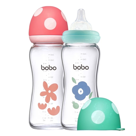 YOHKOH Newborns Glass Bottles,Natural Response Nipple,Wide-Neck Bottle,8.8 oz/2pk,(Red,Blue)