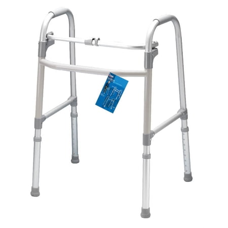 Carex Aluminium Single-Button Folding Walker, Silver, Height Adjustable, 300 lb Weight Capacity
