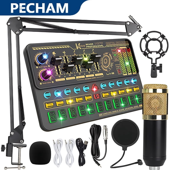 Pecham Podcast Equipment Bundle, BM-800 Podcast Microphone with Voice Changer, Audio Mixer Condenser Microphone for Laptop Computer Vlog Living Broadcast Live Streaming YouTube TikTok