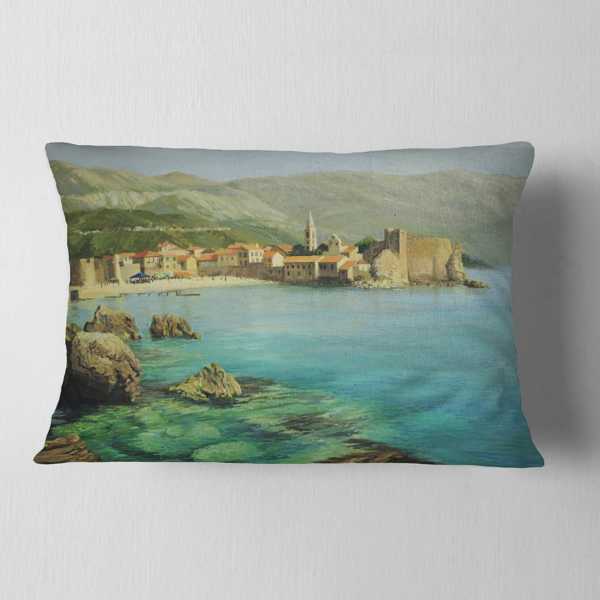 Designart Bay Near Old Budva - Landscape Painting Throw Pillow - 12x20