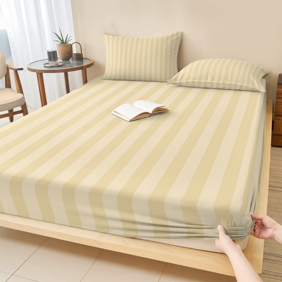 Cal.King Size Fitted Sheet Set - Yellow Stripes 3 Piece Bedding Sets 16" Deep Pocket Fitted Sheet with 2 Pillowcases, Modern Vertical Striped Geometric Simple Brushed Microfiber Hotel Bed Sheets