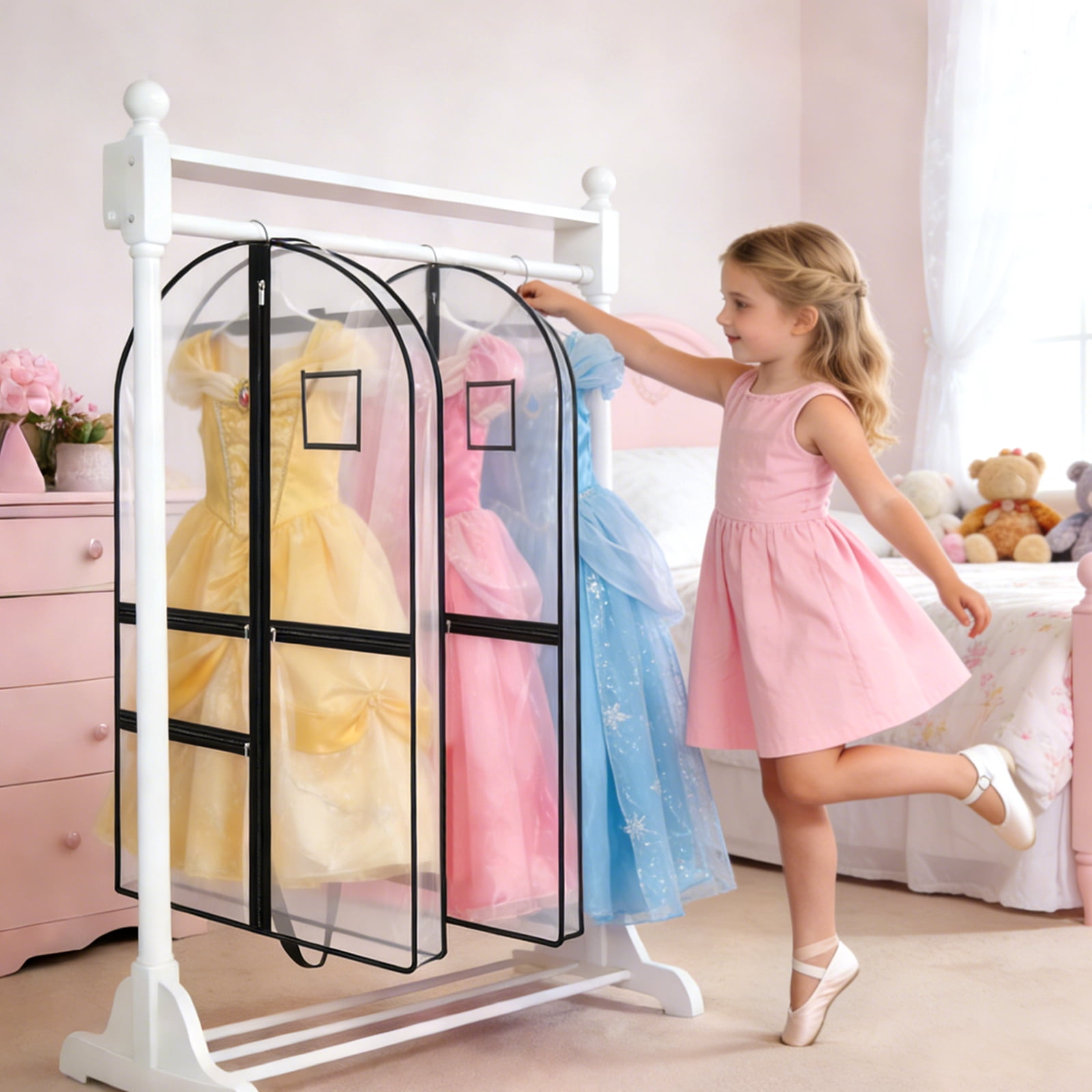 Austok 2Pcs Garment Bag with 3 Pockets Clear 40 Inch Long Clothes Cover Multipurpose Dance Garment Bags for Hanging Gown Coat Suit Jacket