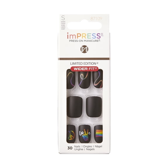 Kiss Impress Press On Nails, ‘Endlessly’, Black, Wider Fit Short Squoval, 30 Count