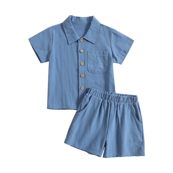 KAUOD Toddler Boys Cotton Linen Shirt Set 2pcs Short Sleeve Button Down Collared Shirts with Linen Shorts Baby Summer Casual Outfit