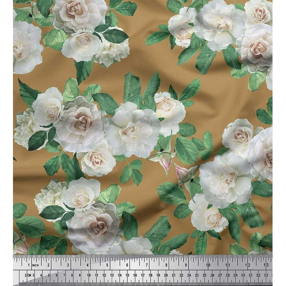 Soimoi polyester Crepe Fabric Leaves & Begonia Flower Fabric Prints By Yard 52 Inch Wide