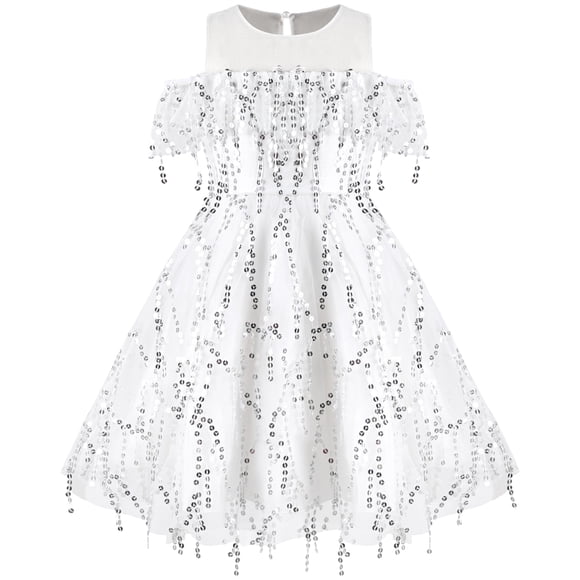 Vestido de Niña Blanco con Hombros Descubiertos con Lentejuelas y Borlas Estilo Flapper para Fiesta y Certamen 6 Años