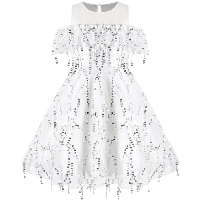 Vestido de Niña Blanco con Hombros Descubiertos con Lentejuelas y Borlas Estilo Flapper para Fiesta y Certamen 6 Años