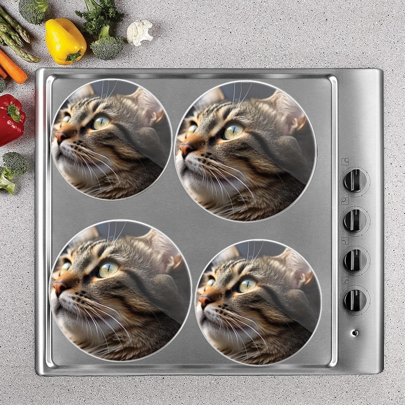 BaHomeck Electric Stove Burner Covers Set of 4,Round Metal Gas Stove Burner Covers 8 Inch and 10 Inch,Kitchen Decor,Bobtail Cat Looking Off Into The Distance