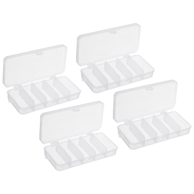 Unique Bargains Fishing Tackle Box, 4 Pack 4.9 x 2.4 x 1 Inch Plastic 5-Grid Fish Lure Bait Hooks Accessory Storage Container, Clear